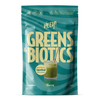 Heey! Greens & Biotics Superfood Tropical; sinivihreä pussi, jossa lukee Hey! Greens & Biotics, sisältää trooppista superfood-jauhetta probiooteilla; pakkauksessa kuva lasista vihreää juomaa pillin kera ja terveyshyötyjä kuvaavia kuvakkeita; nettopaino 300 g, 30 annosta; suorakulmainen, uudelleensuljettava mattapussi valkoisella modernilla groteskitekstillä; selkeä tuotenimi ja annostiedot; kuvituselementtejä etupuolella; tausta neutraali, ei ihmisiä kuvassa.