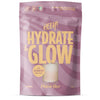 Heey! Hydrate & Glow Electrolytes + Coll-egan® Passionfruit; pinkki-violetti mattapussi tekstillä Hydrate & Glow, maku passionhedelmä, etuosassa lasillinen vaaleansävyistä juomaa; etiketissä lihavoitua keltaista groteskitekstiä, joka mainitsee elektrolyytit ja kosteutushyödyt 40 annokselle; pakkaus tasapohjainen pyöristetyin kulmin; valkoinen tausta, ei ihmisiä tai käsiä kuvassa.