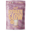 Heey! Hydrate & Glow Electrolytes + Coll-egan® Passionfruit; pinkki-violetti mattapussi tekstillä Hydrate & Glow, maku passionhedelmä, etuosassa lasillinen vaaleansävyistä juomaa; etiketissä lihavoitua keltaista groteskitekstiä, joka mainitsee elektrolyytit ja kosteutushyödyt 40 annokselle; pakkaus tasapohjainen pyöristetyin kulmin; valkoinen tausta, ei ihmisiä tai käsiä kuvassa.