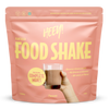 Heey! Vegan Food Shake, maku Chocolate; vaaleanpunainen mattapussi tekstillä Heey! Food Shake, pystyssä, etuosassa painettu kuva lasista tummanruskeaa suklaisen shaken näköistä nestettä; suurta ja pienempää valkoista groteskitekstiä etuosassa; avainlauseita plant-based, complete meals, 25 vitamins ja 35g protein; vaalea tausta, ei ihmisiä tai lisärekvisiittaa kuvassa.
