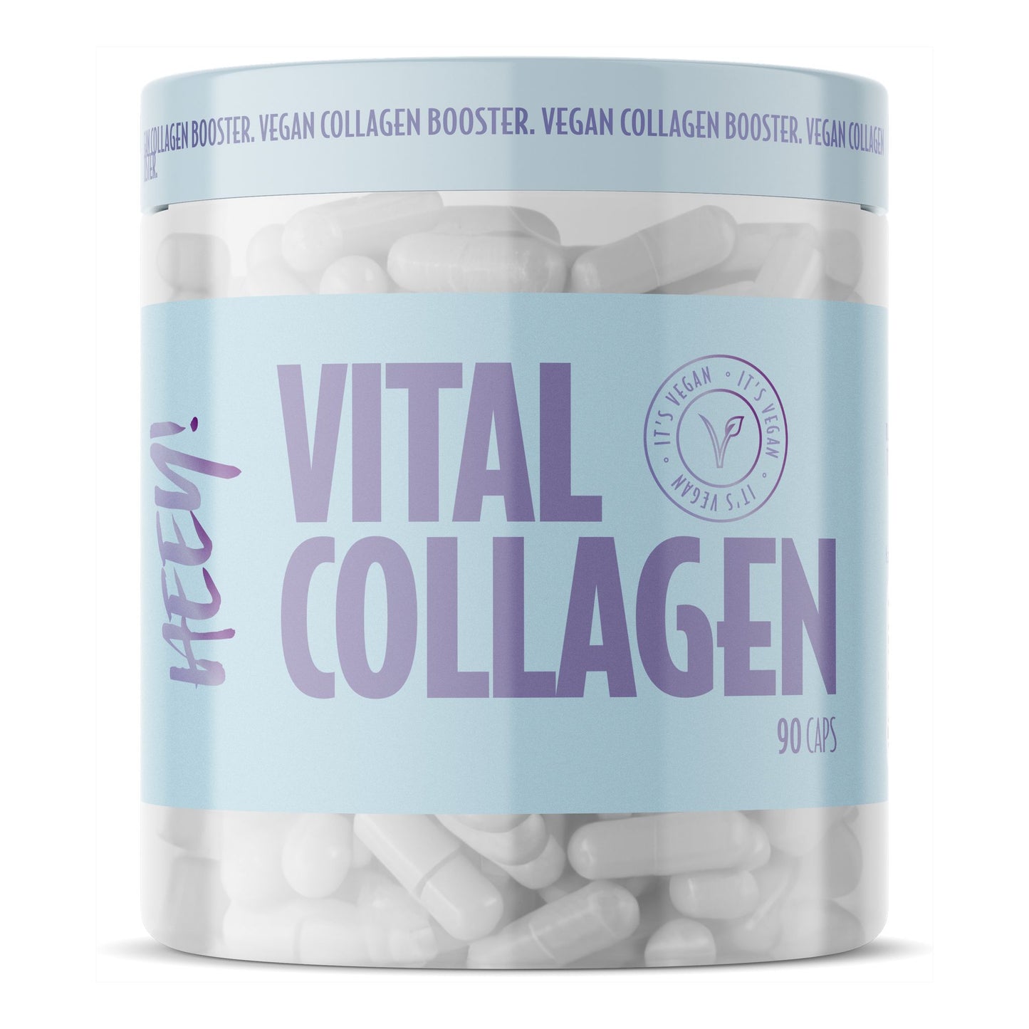 Heey! Vital Collagen; lieriömäinen muovipurkki valkoisella kierrekannella, vaaleansininen ja valkoinen mattaetiketti; etuetiketissä esillä teksti Vital Collagen, määrä 90 vegaanista kapselia ja toistuva teksti Vegan Collagen Booster kannen reunalla selkeällä groteskifontilla; ei ihmisiä tai käsiä; vaalea tausta; purkki sisältää 90 vegaanista kapselia.