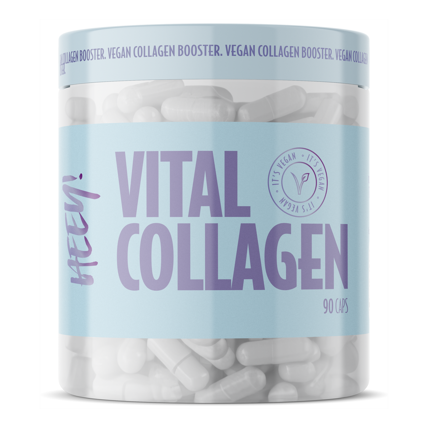 Heey! Vital Collagen; lieriömäinen muovipurkki valkoisella kierrekannella, vaaleansininen ja valkoinen mattaetiketti; etuetiketissä esillä teksti Vital Collagen, määrä 90 vegaanista kapselia ja toistuva teksti Vegan Collagen Booster kannen reunalla selkeällä groteskifontilla; ei ihmisiä tai käsiä; vaalea tausta; purkki sisältää 90 vegaanista kapselia.
