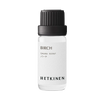 Pieni kirkas pullo merkinnällä BIRCH SAUNA SCENT, jossa on japaninkielistä tekstiä ja brändinimi HETKINEN. Lieriömäinen lasirunko, matta musta uritettu kierrekorkki, ja litteä valkoinen etiketti yksinkertaisin mustin pääteviivattomin fontein. Etiketissä ei ole kuvitusta. Neutraali tausta, tuote keskitetty kuvassa, ei ihmisiä tai käsiä näkyvissä.