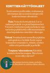 Poster displaying text in Finnish: Ohjejuliste: Korttien käyttötarkoitus ja käyttöohjeet yksin, yhdessä tai terapian tukena. Alhaalla myös symbolit, jotka auttavat löytämään faktoihin liittyviä elementtejä korteista. Features rectangular shape, matte finish paper, sans-serif typography. No people or hands present. Plain background, straight-on angle.