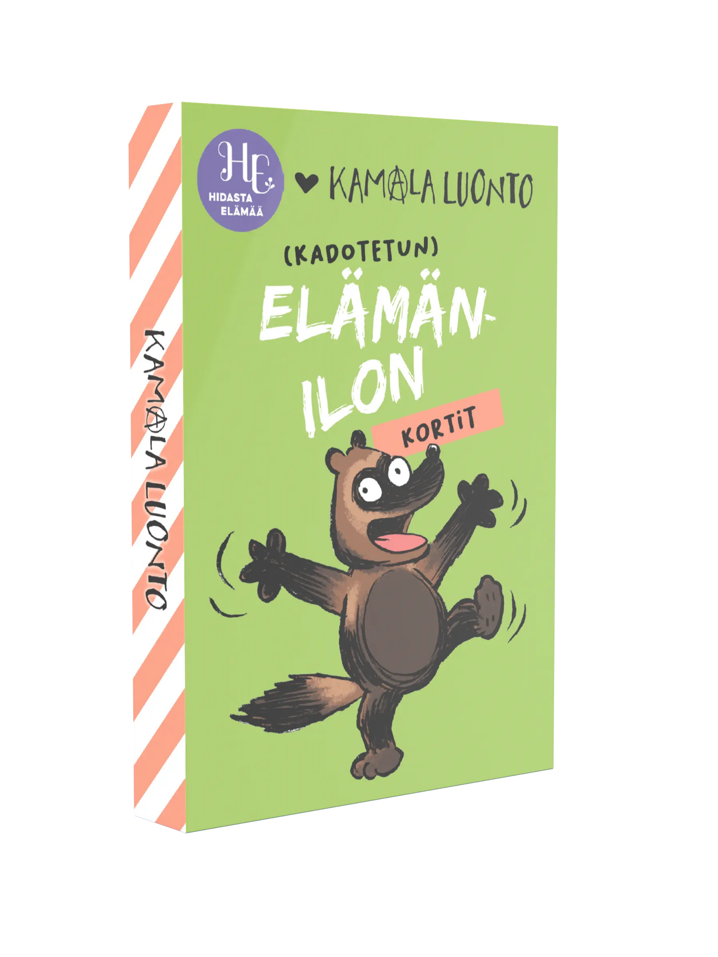 Hidasta Elämää Elämänilon kortit; vihreä laatikko, jossa piirretty ahma tanssimassa, otsikkona (Kadotetun) Elämänilon kortit, Kamala Luonto; laatikossa oransseja raitoja toisessa sivureunassa, violetti neliölogo vasemmassa yläkulmassa ja Kamala Luonnon tunnusomaista kuvitusta; suorakaiteen muotoinen tuote, mattapinta; valkoinen tausta, ei ihmisiä tai käsiä.