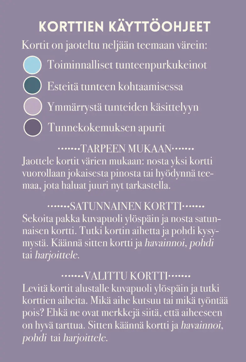 Hidasta Elämää Emotionaalisen palautumisen kortit: suomenkielinen ohjeistuskortti tunneteemaisten korttien käytöstä, jaettu neljään kategoriaan – kukin merkitty värillisellä ympyrällä: sininen, vihreä, oranssi ja violetti; laventelinvärinen tausta korostaa kunkin kategorian selkeyttä; kortti on mattapintainen ja suorakulmainen; teksti käyttää yksinkertaista groteskikirjasinta; ei pakkausta tai ihmisiä kuvassa; tasokuva neutraalilla pinnalla.