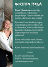 Hidasta Elämää Hitaammassa Tahdissa Rauhoittumiskortit; vaaleatukkainen nainen valkoisessa huppariessa ja mustissa housuissa hymyilee istuen jalat ristissä maalatun harmaan seinän edessä; vieressä suomenkielistä tekstiä otsikolla ”Korttien Tekijä” ja ”Emmi Ohraniemi”; selkeä groteskifontti; matta harmaa tausta; kuva edestä istuvan henkilön silmien tasolta.