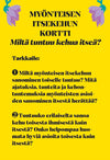 Hidasta Elämää Kehukortit; keltainen kortti violetein kukin, otsikkona MYÖNTEISEN ITSEKEHUN KORTTI, esittää mielekkäitä ohjeita suomeksi tunteiden havainnoimisesta itselleen positiivista palautetta antaessa; kortti suorakaiteen muotoinen mattapinnalla, ei näkyvää pakkausta; typografia lihavoitu otsikossa ja tavallinen leipätekstissä; kortti kuvattu valkoisella taustalla ilman ihmisiä tai käsiä.