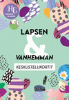 Product photo shows a pack of cards. The background is colorful and abstract. Finnish text “Lapsen & Vanhemman Keskustelukortit” appears in bold letters on the packaging. Top left corner features a round “Hidasta Elämää” logo. Product has clean lines, no visible people or hands, and image is shot straight on against the abstract backdrop.