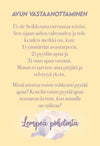 A Finnish text poster with a heart illustration, exploring the value of accepting help and encouraging self-reflection on seeking assistance, ending with the phrase Lempeä pohdinta. The poster is rectangular with a matte white background. Black sans-serif typography is used for all text. The heart shape is outlined in red near the center or top area. No people or hands are present in the image. Poster appears unframed and photographed flat against a plain light backdrop under even lighting.