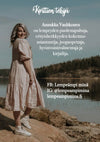 Hidasta Elämää Lempeästi itseni puolella -kortit: vaaleaan mekkoon pukeutunut nainen seisoo hymyillen laiturilla järven rannalla; suuri, luettava teksti esittelee Annukka Vauhkosen hyvinvointivalmentajana, kirjailijana ja muuna; sosiaalisen median yhteystiedot näkyvät pienemmällä fontilla; ympäristö on ulkona veden äärellä luonnonvalossa; pakkausta tai tuoteastioita ei näy kuvassa; hyvinvointi ja tasapaino ovat hänen lähestymistapansa ytimessä.