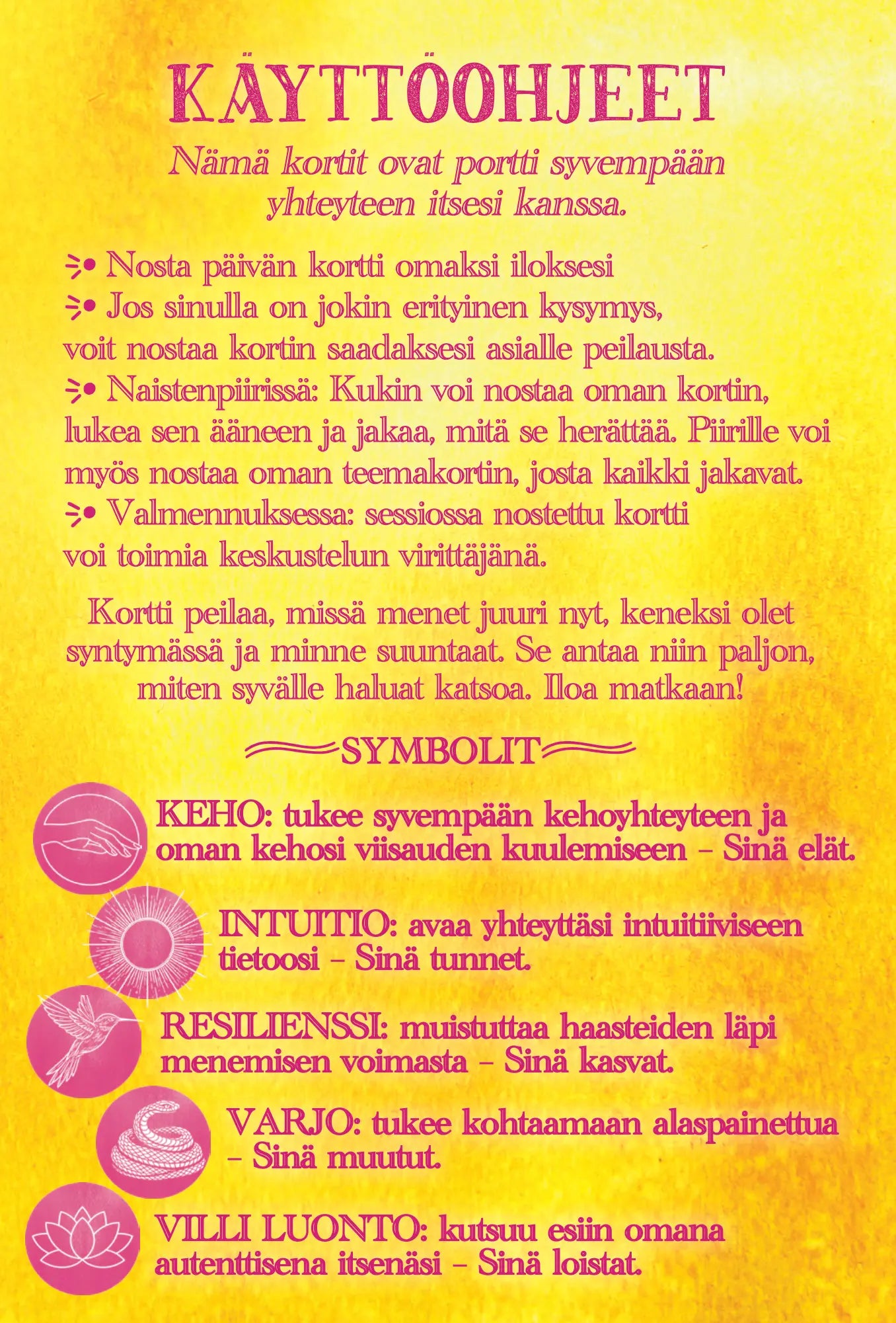 Hidasta Elämää Lupa olla enemmän -kortit: suomenkielinen ohjeistuskortti keltaisella taustalla ja pinkillä tekstillä, listaa ohjeita teemakorttien käytöstä; viisi symbolia merkityksineen näkyy selkeästi alaosassa ymmärryksen tueksi; kortti on suorakulmainen, yksipuolinen ja päällystämätöntä mattapaperia; kaikki näkyvä teksti on groteskikirjasinta; ympäristö on yksinkertainen ilman ihmisiä tai rekvisiittaa.