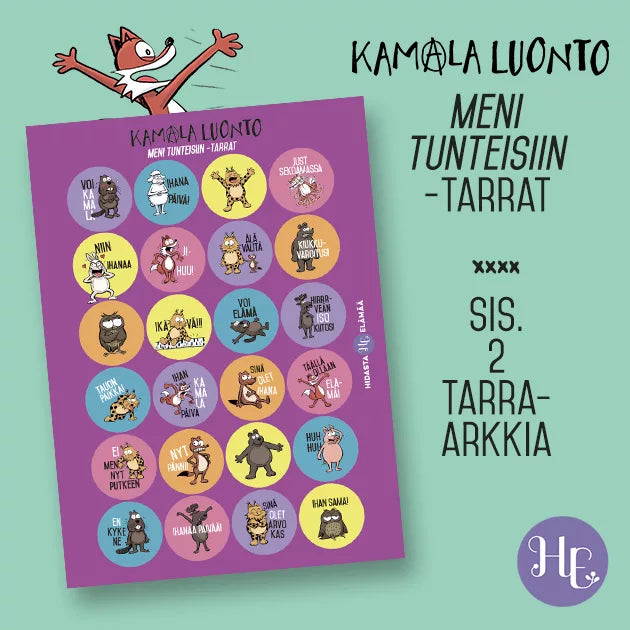 Hidasta Elämää Meni tunteisiin -tarrat; arkki värikkäitä pyöreitä tarroja tunteita ilmaisevin piirroseläimin, suomenkielinen teksti arkin yllä ja vierellä; tarrat riveittäin kiiltäväpintaisella valkoisella taustalla; vasemmassa yläkulmassa kuvitettu, hymyilevä ja elehtivä kettu; ei käsiä tai ihmisiä.
