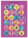 A sheet of colorful circular stickers featuring various cartoon animals with Finnish phrases, each expressing different emotions such as ilo or suru, on a purple background. Stickers are matte, set in a single uncut sheet, with legible sans serif text in black. No visible packaging. Flat lay product shot, no people or hands present.