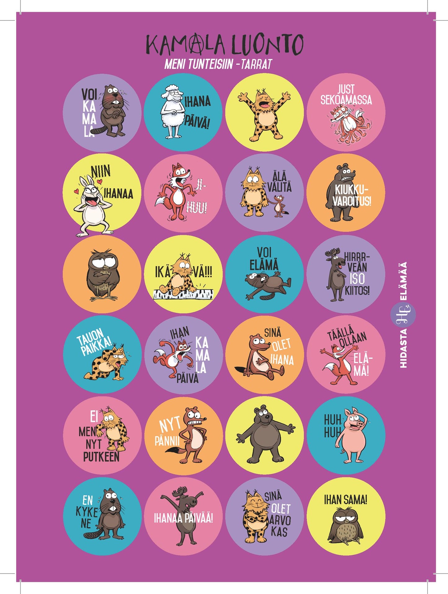 A sheet of colorful circular stickers featuring various cartoon animals with Finnish phrases, each expressing different emotions such as ilo or suru, on a purple background. Stickers are matte, set in a single uncut sheet, with legible sans serif text in black. No visible packaging. Flat lay product shot, no people or hands present.