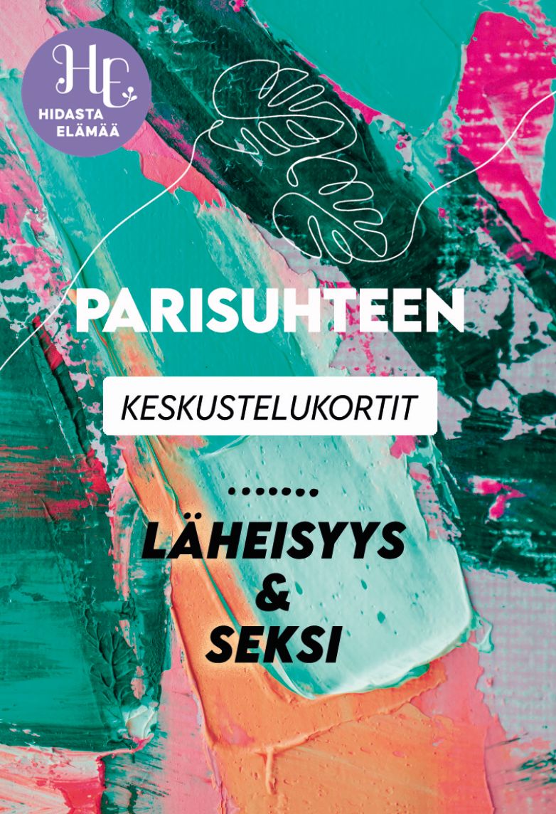 A colorful abstract background with Finnish text about relationship discussion cards, focusing on intimacy and sex. The Hidasta elämää logo is located in the top left corner. The product photo does not show packaging or physical objects—only digital graphic elements and typography in a clear bold font style are visible. No people or hands are present.