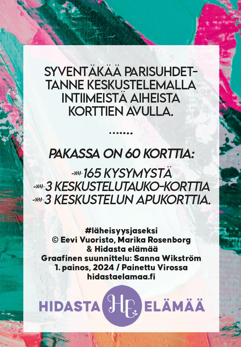 A card describing a relationship game featuring 60 cards with 165 questions and discussion prompts. Rectangular card with matte finish, white background overlaid by green, pink, and white paint strokes. Text is centered in clean sans-serif font. The bottom edge includes the legible label “Hidasta Elämää”. No people or hands are visible in the shot. Plain background.