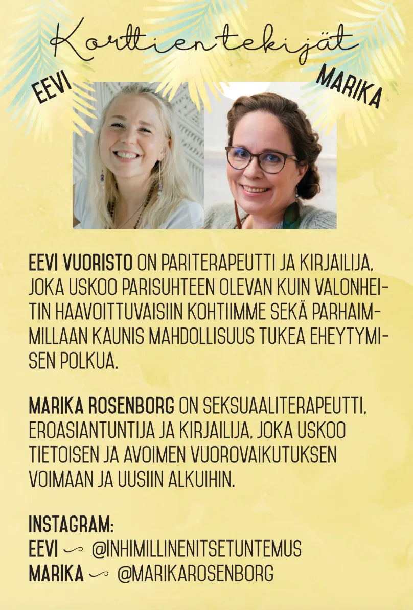 Hidasta Elämää Parisuhteen Keskustelukortit 2; kaksi naista, Eevi ja Marika, kuvattuna hymyillen rinnakkain pää- ja hartiakuvassa; kuvien alla teksti kertoo heidän olevan terapeutteja ja kirjailijoita sekä ilmoittaa Instagram-tunnukset; lyhyet kappaleet esittelevät heidän ammatillisia taustojaan ja työkokemustaan; tausta valkoinen tai vaalea; tavanomainen groteskikirjasin; asettelu sarakkeittain.