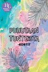 Product photo shows a flat, rectangular card set or booklet with a matte finish. Pastel-colored background has abstract paint strokes and black leaf outlines. Finnish text “Puhutaan tunteista -kortit” is printed in clear, sans-serif font on the front. In one corner is a small purple square logo reading “Hidasta Elämää”. No people or hands are visible in the image.