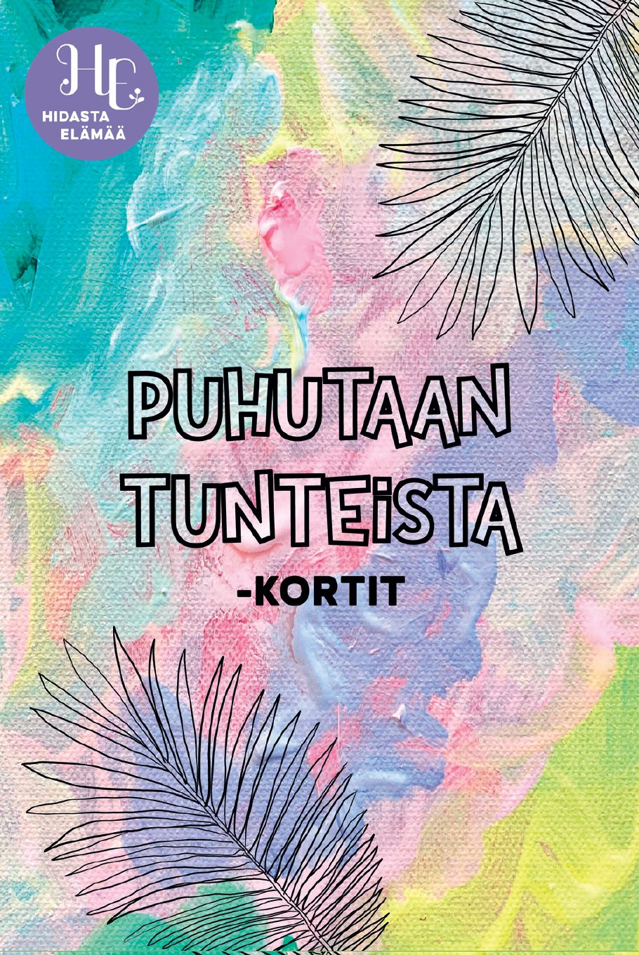 Product photo shows a flat, rectangular card set or booklet with a matte finish. Pastel-colored background has abstract paint strokes and black leaf outlines. Finnish text “Puhutaan tunteista -kortit” is printed in clear, sans-serif font on the front. In one corner is a small purple square logo reading “Hidasta Elämää”. No people or hands are visible in the image.