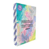 A colorful card deck box with Finnish text Puhutaan tunteista -kortit features pastel swirls and black line art leaves in its design. The spine displays the authors’ names and the publisher, Hidasta elämää. Rectangular box shape with matte finish; colors include pink, peach, and yellow tones; sans-serif font used for visible text. No people or hands present. Shot is a close-up on a neutral background.
