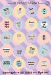 A sheet of colorful Finnish motivational stickers featuring words like loistavaa, jee jee, and wau in circles is shown. The stickers have a matte finish and are decorated with stars, hearts, and rainbows. Each sticker uses bold sans-serif fonts in various colors. The background is pastel-toned with no visible packaging or hands in the image.
