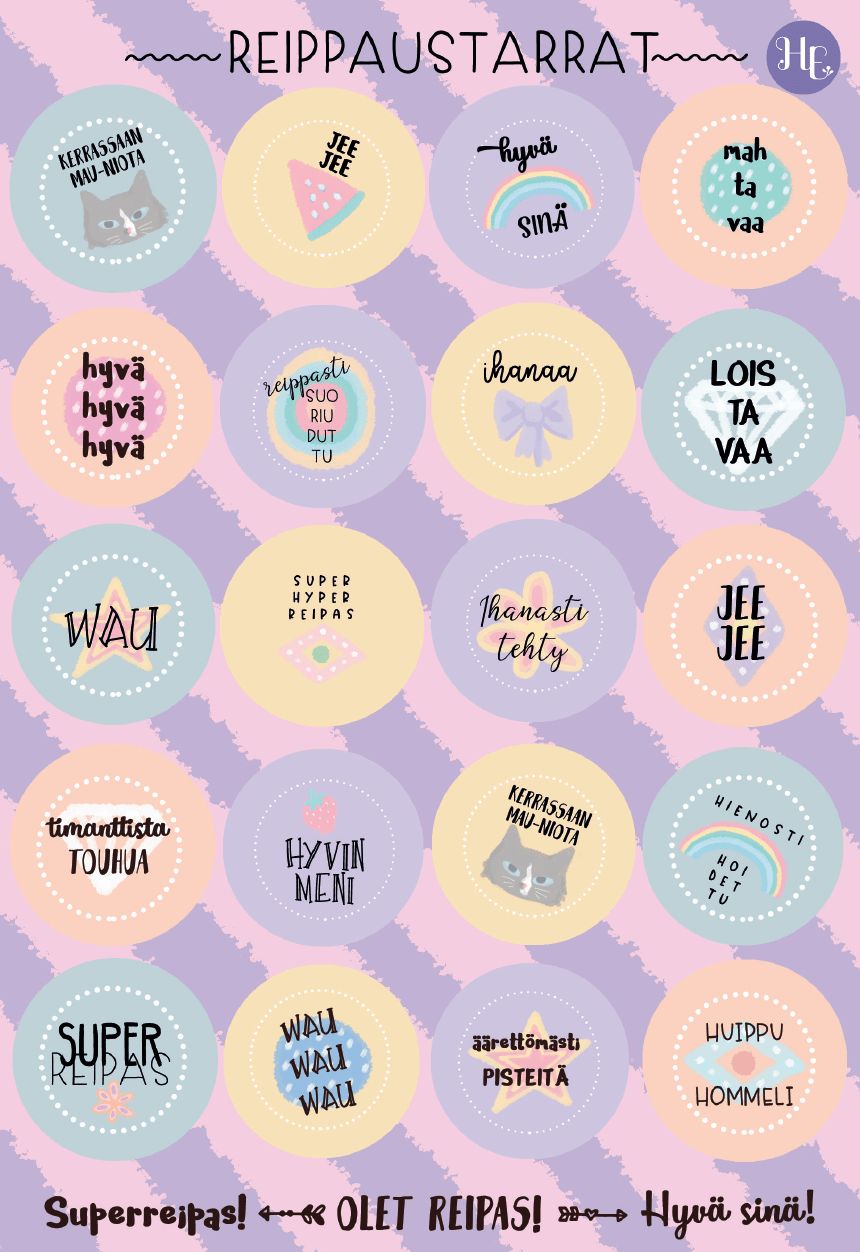 A sheet of colorful Finnish motivational stickers featuring words like loistavaa, jee jee, and wau in circles is shown. The stickers have a matte finish and are decorated with stars, hearts, and rainbows. Each sticker uses bold sans-serif fonts in various colors. The background is pastel-toned with no visible packaging or hands in the image.