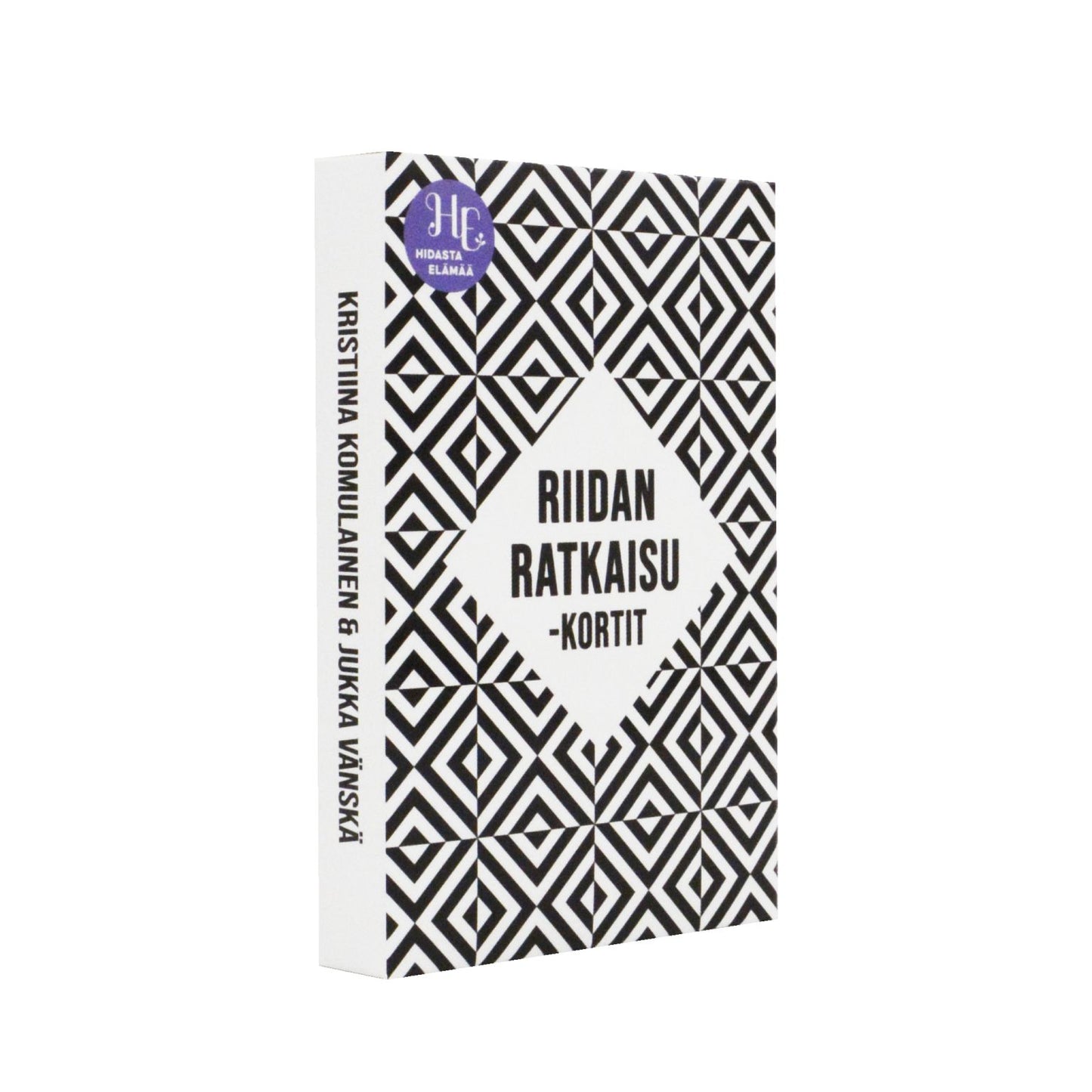 A book with a striking black and white geometric pattern cover, titled Riidan Ratkaisu -Kortit by Kristiina Komulainen & Jukka Vänskä, featuring a vibrant purple sticker in the upper left corner. The cover uses large bold sans-serif text; surface finish appears matte. The item sits against a plain, light-colored background. No people or hands are present in the image.