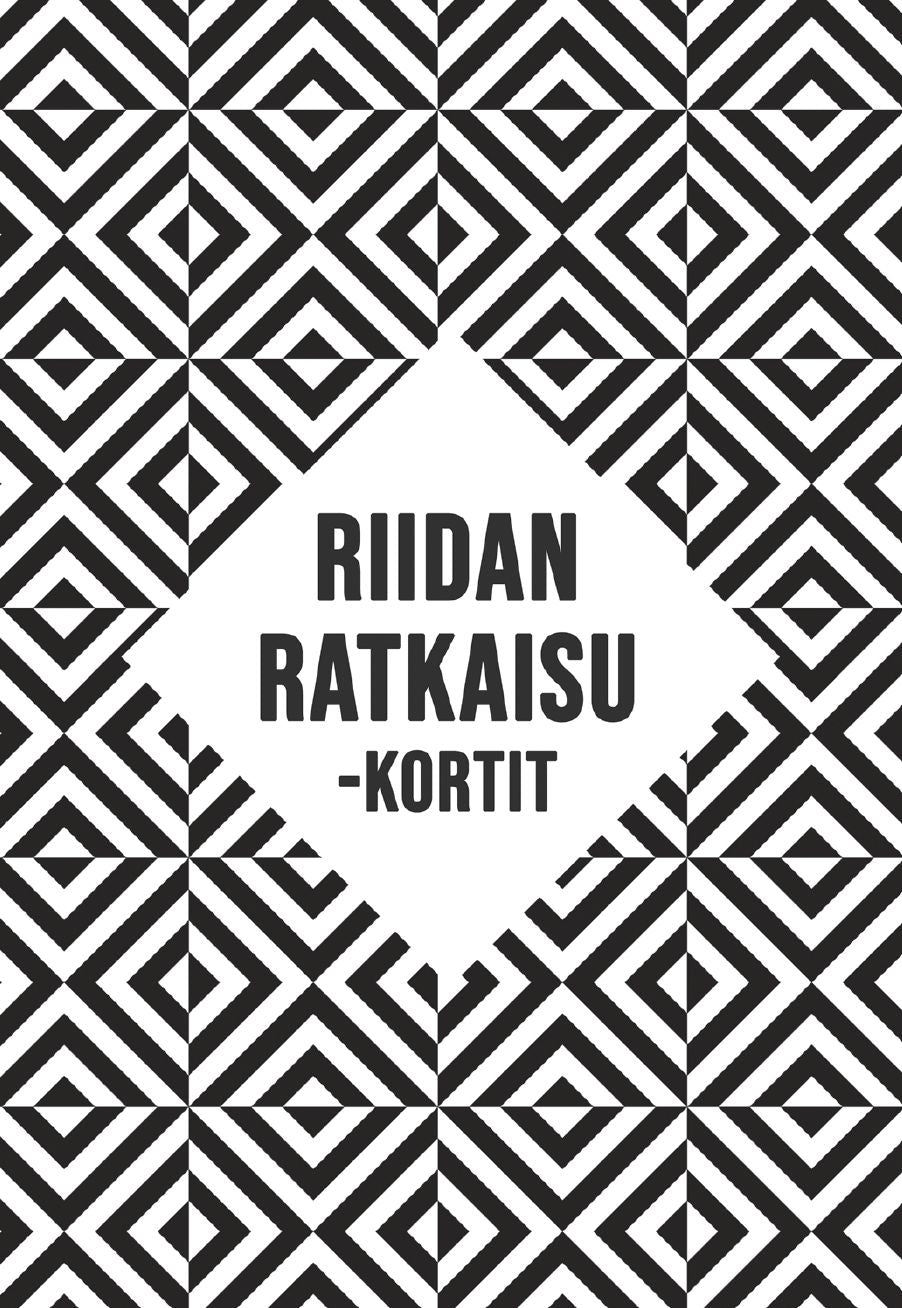 Product features a black and white geometric pattern with a diamond-shaped white center. In the center, bold sans-serif text in monochrome reads “RIIDAN RATKAISU -KORTIT.” Likely printed on matte paperboard, rectangular in shape. No hands or people present. Image is a straightforward product shot against a plain background.