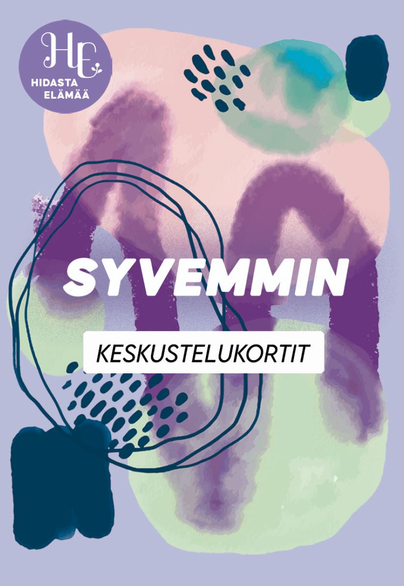 A card with abstract pastel shapes, featuring the text SYVEMMIN and KESKUSTELUKORTIT, along with a Hidasta Elämää logo on a soothing light purple background. Sans-serif typography. Card surface looks matte. No hands or people are visible in the shot. Background is uniform light purple; image shows only the front of one card, centered against the backdrop.