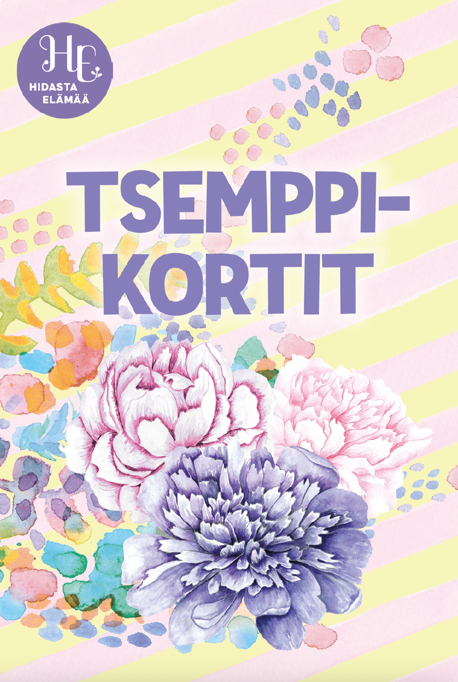 Hidasta Elämää Tsemppikortit; eloisa kortti pastellisin raidoin ja vesiväritetyin kukin; suomenkielinen teksti ”Tsemppikortit” suurin violetein kirjaimin; suorakaiteen muotoinen, pyöristetyin kulmin, sileä mattapinta; pieni pyöreä logo vasemmassa yläkulmassa ”Hidasta elämää”; valkoinen tausta, ei pakkausta tai ihmisiä, kuva suoraan ylhäältä.