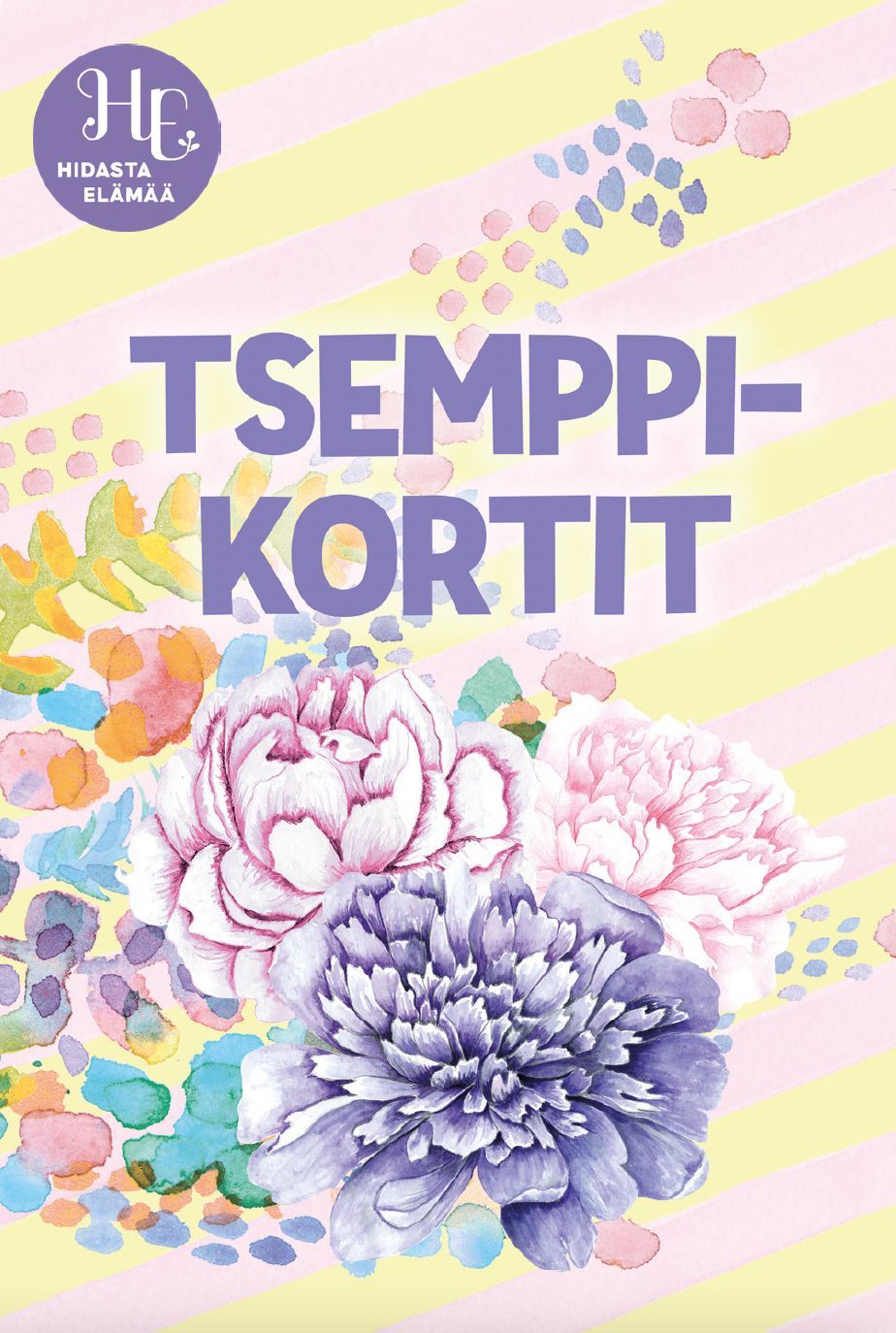 Hidasta Elämää Tsemppikortit; eloisa kortti pastellisin raidoin ja vesiväritetyin kukin; suomenkielinen teksti ”Tsemppikortit” suurin violetein kirjaimin; suorakaiteen muotoinen, pyöristetyin kulmin, sileä mattapinta; pieni pyöreä logo vasemmassa yläkulmassa ”Hidasta elämää”; valkoinen tausta, ei pakkausta tai ihmisiä, kuva suoraan ylhäältä.