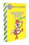 Rectangular yellow box with a matte surface, showing the printed title “Tunnetaidot-Kortit Lapsille” and an illustrated red fox standing upright and smiling. The Kamala Luonto logo is positioned at the top in stylized font. All main text and illustration elements are on the front panel. Background is plain white, no visible people or hands in the shot. A yellow box titled Tunnetaidot-Kortit Lapsille features an illustrated red fox standing upright and smiling, with the Kamala Luonto logo at the top. The