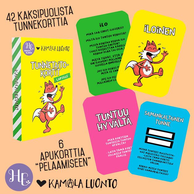 A set of colorful Finnish emotion cards for children featuring a fox character, six helper cards, and details about the game Kamala Luonto displayed on a peach background. The cards are rectangular with rounded corners, appear to be made of matte cardstock, and show bold sans-serif text. No packaging or hands are visible in this top-down product shot.