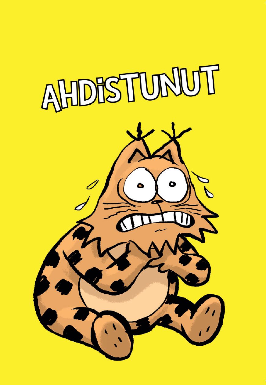 A product featuring a cartoon, wide-eyed, sweating cat with a worried expression sits against a yellow background. The text AHDISTUNUT is printed above the cat in bold, uppercase letters. The surface finish is matte. There are no people or hands visible. The shot is straight on with no additional packaging or props present.