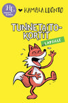 A bright yellow promotional image for Kamala luonto emotion skill cards for children, featuring a cartoon fox laughing heartily. The text TUNNETAITO-KORTIT LAPSILLE is displayed in bold letters, with the Hidasta elämää logo in the top left corner. Rectangular shape, flat color background, sans-serif typography, no visible packaging or hands present.