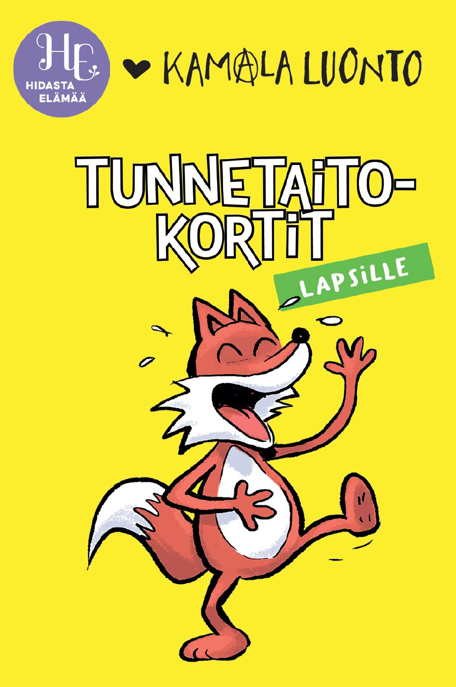 A bright yellow promotional image for Kamala luonto emotion skill cards for children, featuring a cartoon fox laughing heartily. The text TUNNETAITO-KORTIT LAPSILLE is displayed in bold letters, with the Hidasta elämää logo in the top left corner. Rectangular shape, flat color background, sans-serif typography, no visible packaging or hands present.