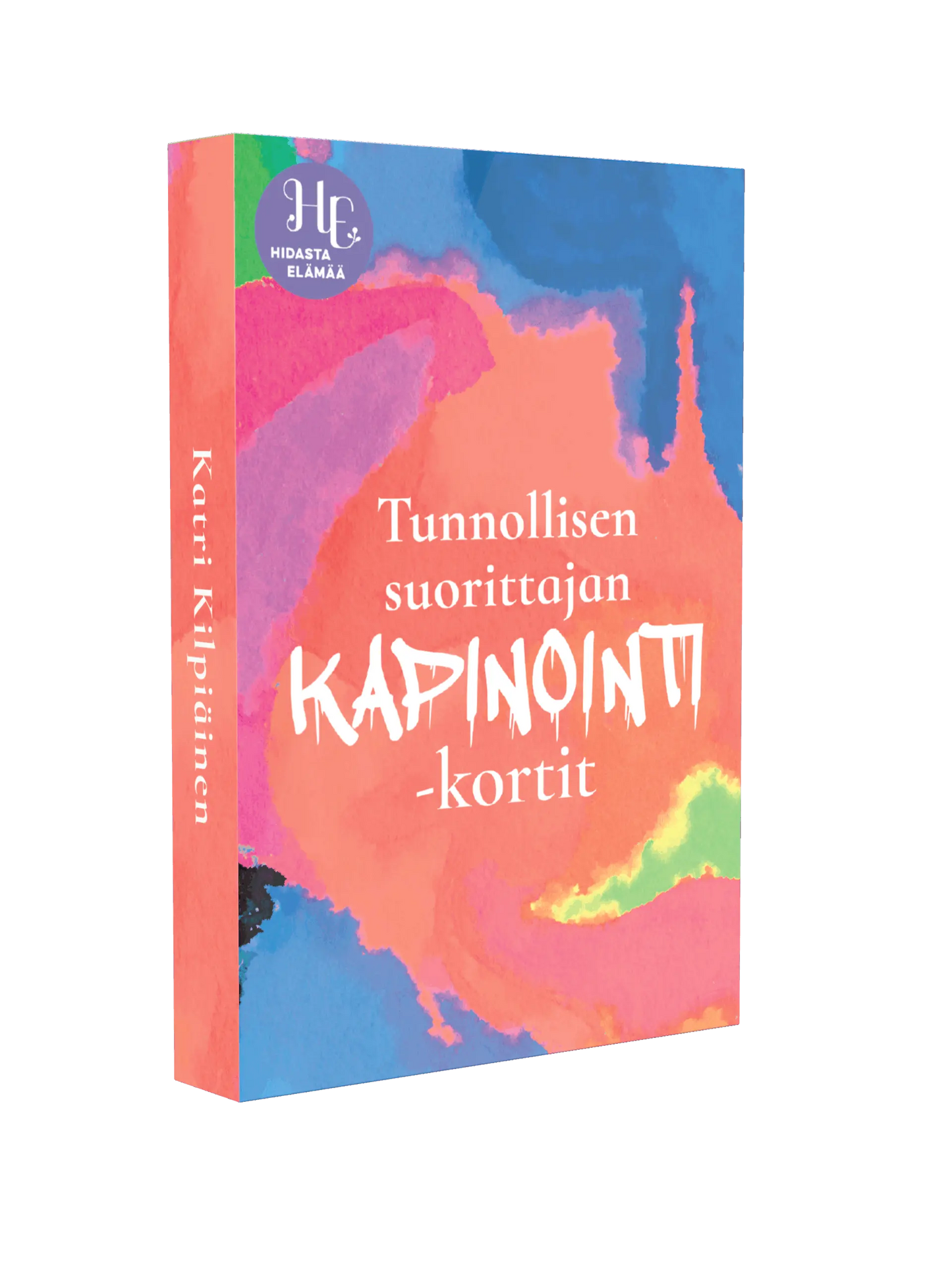 Hidasta Elämää Tunnollisen suorittajan kapinointikortit; suorakaiteen muotoinen pahvilaatikko abstraktilla taidekuviolla kirkkain pinkein, oranssein, violettein ja sinisin värein; mattapinta; teksti Tunnollisen suorittajan kapinointi -kortit by Kaari Kilpinen näkyy etuosassa lihavoidulla valkoisella groteskifontilla; tuote vaalealla taustalla, ei ihmisiä tai käsiä kuvassa.