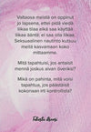Hidasta Elämää Lupa nauttia -kortit; suomenkielinen teksti vaaleanpunaisella tekstuurisella taustalla; mattapinta, ei tuotetta tai pakkausta näkyvissä; typografia siisti ja luettava yhtenäisellä kirjasintyypillä; ei ihmisiä tai esineitä; kuva on tasokuva keskittyen vain kirjoitettuun tekstiin; teksti käsittelee lapsuuden opetuksia pidättyväisyydestä, rohkaisee irti päästämiseen ja esittää kysymyksiä nautinnon vastaanottamisesta; viesti kutsuu tutustumaan itseensä, korostaen itsetuntemusta.