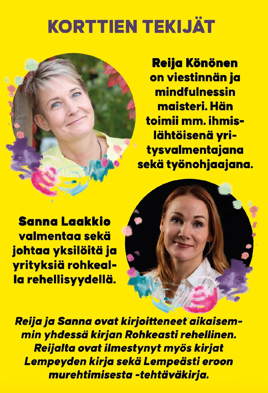 Hidasta Elämää Rohkeasti Rehellinen Itseilmaisukortit; suorakaiteen muotoinen kortti tai esite keltaisella taustalla, jossa epäsäännöllisiä monivärisiä maaliroiskeita; kaksi naisen muotokuvaa rinnakkain lyhyine suomenkielisine elämäkertoineen alapuolella; otsikko ”Korttien tekijät” lihavoidulla, selkeällä fontilla; molempien naisten taustat liittyvät läsnäolotaitoihin, valmennukseen ja kirjoittamiseen.