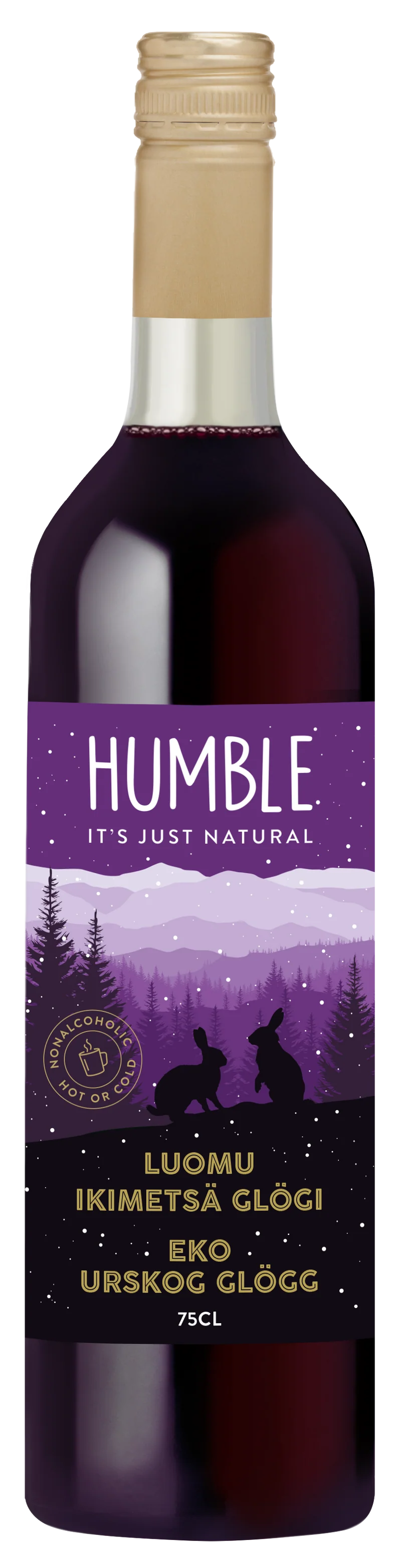 Humble Luomu Ikimetsäglögi; pullo Humblen luomuglögiä violetilla etiketillä, kuvituksena tyylitelty metsä, kaksi poroa ja tähtiä; teksti LUOMU IKIMETSÄ GLÖGI, EKO URSKOG GLÖGG, 75cl painettuna selkeällä groteskifontilla; pullo lasia kiiltäväpinnalla ja lieriömäinen muoto; tuote pystyssä vaalealla taustalla, ei ihmisiä tai käsiä kuvassa.