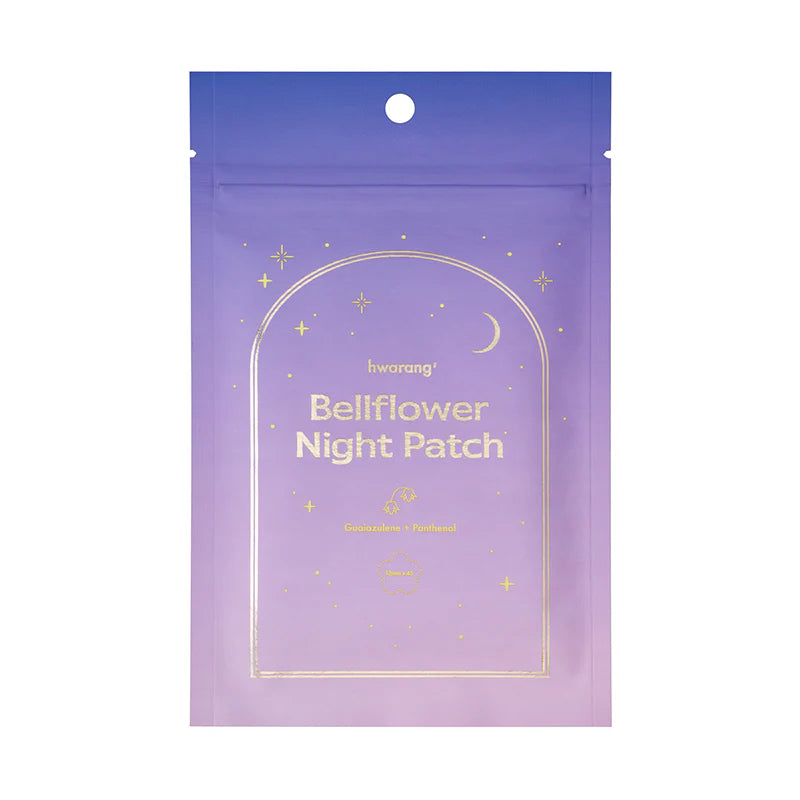 Hwarang Bellflower Night Patch; violetti liukuvärillinen uudelleensuljettava pussi tekstillä ”Bellflower Night Patch”, kultaisia tähti-, kuu- ja kaarikuvioita, brändinimi hwarang yläosassa; pussi mattapintainen ja suorakaiteen muotoinen; teksti painettu valkoisella ja kultaisella etusivulla; ei ihmisiä tai käsiä; tuote kuvattu tasaisella valkoisella taustalla suoraan edestä.