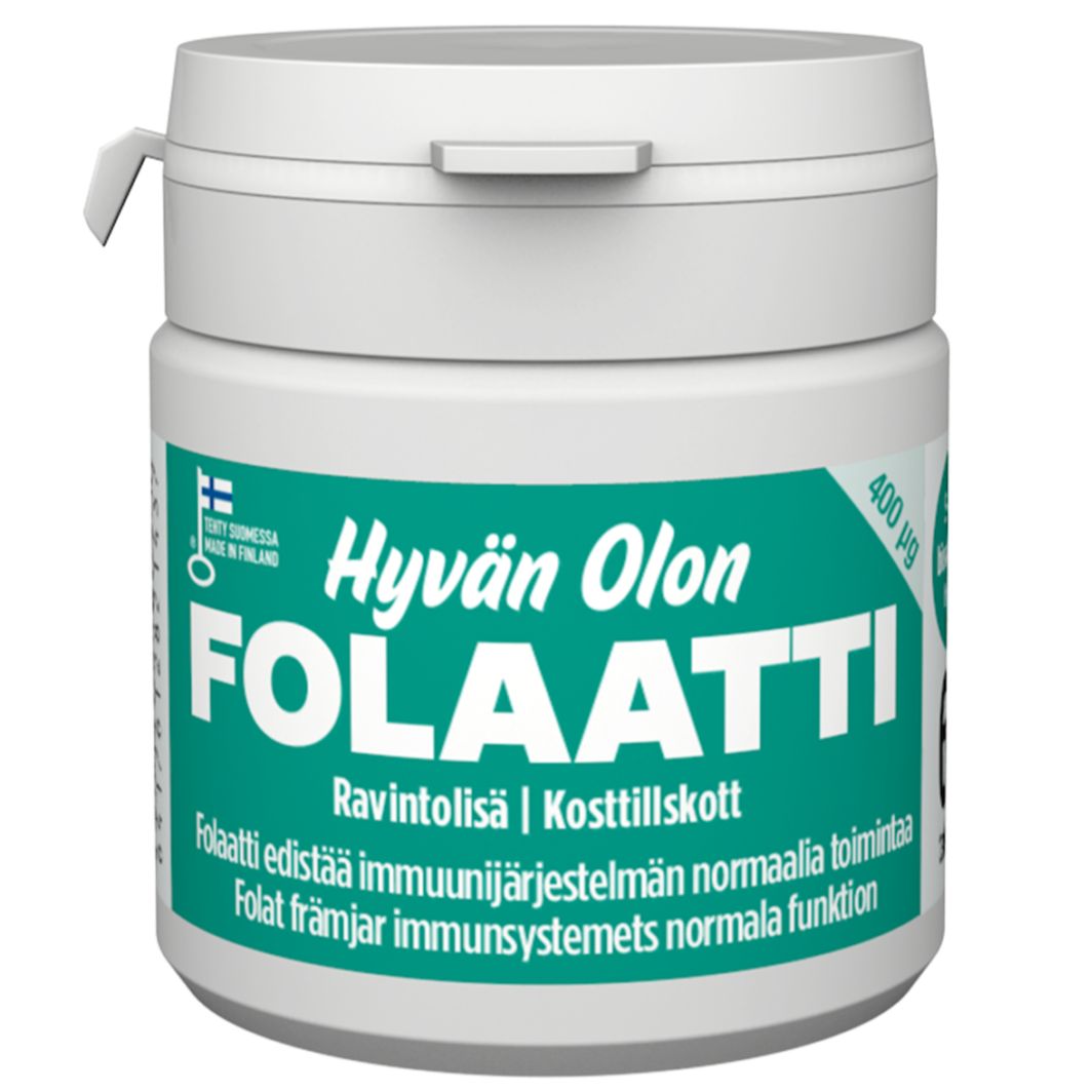 Hyvän Olon Folaatti; valkoinen muoviastia Hyvän Olon Folaatti -ravintolisää suomen- ja ruotsinkielisin tekstein, merkitty 400 µg, tukee normaalia immuunijärjestelmän toimintaa ja folaatin saantia; astia lieriömäinen mattapinnalla ja kierrekansi; etiketissä sinistä ja vihreää tekstiä yksinkertaisella tikkukirjasimella; tausta tasainen valkoinen, ei ihmisiä tai muita esineitä; kuva keskitetty tuotteeseen.