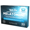 Hyvän Olon Kaksivaikutteinen Melatoniini 1,9 mg; rasia Via Naturale -melatoniinitabletteja, 1,9 mg, suomen- ja ruotsinkielisellä tekstillä, sininen merenaiheinen tausta ja Hyvän Olon -merkki; pakkaus sisältää 30 tablettia, korostaa nopeaa ja pitkäkestoista vaikutusta levolliseen uneen; rasia suorakulmainen sinisen väriliukumallin kera; tuotenimi suurella valkoisella groteskikirjasimella; pakkaus matta, ei ihmisiä; suora studiokuva.