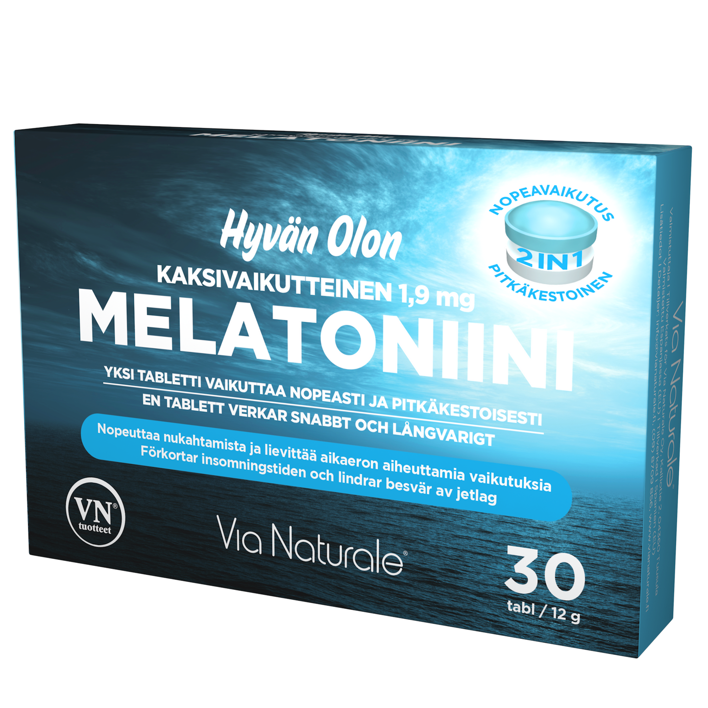 Hyvän Olon Kaksivaikutteinen Melatoniini 1,9 mg; rasia Via Naturale -melatoniinitabletteja, 1,9 mg, suomen- ja ruotsinkielisellä tekstillä, sininen merenaiheinen tausta ja Hyvän Olon -merkki; pakkaus sisältää 30 tablettia, korostaa nopeaa ja pitkäkestoista vaikutusta levolliseen uneen; rasia suorakulmainen sinisen väriliukumallin kera; tuotenimi suurella valkoisella groteskikirjasimella; pakkaus matta, ei ihmisiä; suora studiokuva.
