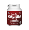 Hyvän Olon Kalium 300 mg; valkoinen sylinterinmuotoinen muovipurkki, sileä mattapinta, kuvattu punaisella taustalla; etiketissä lihavoitua groteskitekstiä sekä suomen- että ruotsinkielisin merkinnöin; brändäys näkyy etiketin yläosassa; pakkaus sisältää 60 tablettia; ei ihmisiä tai muuta toimintaa näkyvissä, lähikuva tuotteesta.