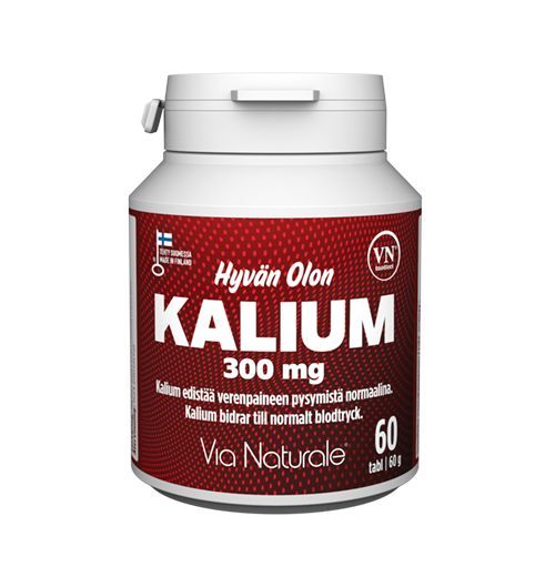 Hyvän Olon Kalium 300 mg; valkoinen sylinterinmuotoinen muovipurkki, sileä mattapinta, kuvattu punaisella taustalla; etiketissä lihavoitua groteskitekstiä sekä suomen- että ruotsinkielisin merkinnöin; brändäys näkyy etiketin yläosassa; pakkaus sisältää 60 tablettia; ei ihmisiä tai muuta toimintaa näkyvissä, lähikuva tuotteesta.