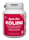 Hyvän Olon Koliini; valkoinen pullo Via Naturale Koliini -ravintolisää lieriömäisenä ja mattapintaisena punaisin ja valkoisin merkinnöin; etiketissä lihavoitua tikkukirjasinta; näkyvissä ”60 tablettia” ja ”600 mg” korostettuna; suomen- ja englanninkielinen teksti korostaa rasva-aineenvaihdunnan ja maksan toiminnan tukea sekä yleistä hyvinvointia; ei ihmisiä tai käsiä näkyvissä, tausta tasainen, kuva keskitetty tuotteeseen.