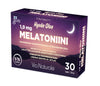 A purple rectangular box of Via Naturale Melatonin tablets, 1.9 mg, 30 tablets. The surface is matte, and the front displays a printed graphic of a night sky with crescent moon and stars. Sans-serif white and yellow typography in Finnish highlights dosage and suggested use. The shot shows only the box on a plain background; no people or other objects are present.
