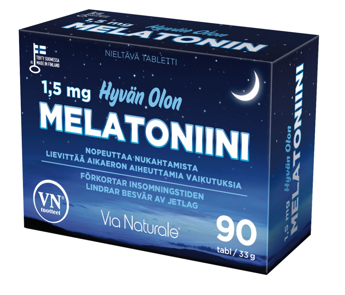 Via Naturale Hyvän Olon Melatoniini -pakkaus, sininen rasia, 90 tablettia, suomen- ja ruotsinkielinen teksti sekä kuunsirppi- ja tähtikuvitus